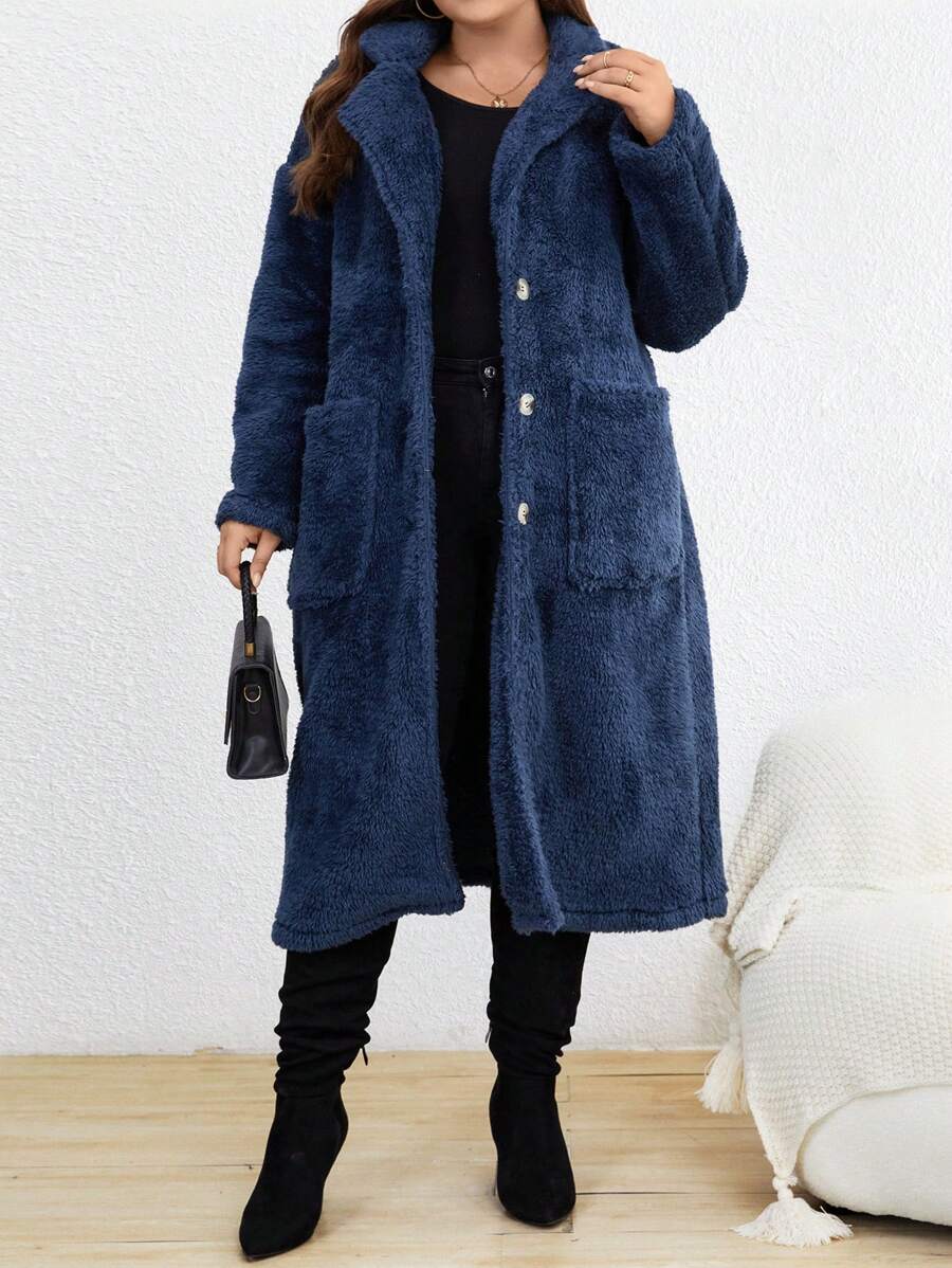 SHEIN LUNE 大碼雙口袋落肩袖法蘭絨外套 - 藏蓝色 - 查看 1