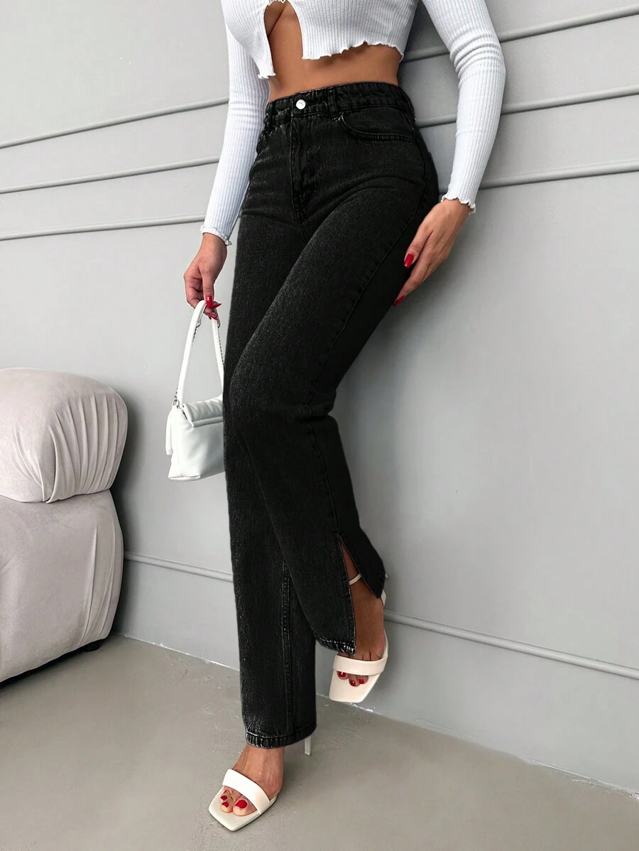 EURMUSE Women's Straight Leg Jeans With Slit Hem - Black - View 1