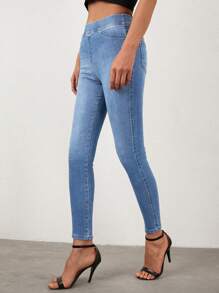 Cottnline Skinny High Waisted Denim Long Pants - Blue - View 5