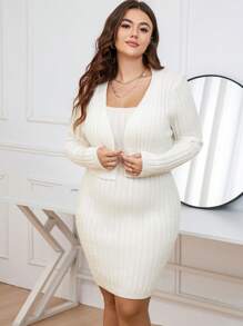 SHEIN LUNE Váy len kẻ caro trơn cỡ lớn & áo len cardigan - trắng - Xem 5