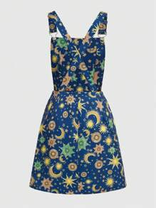 ROMWE Fairycore Sun & Moon Print Overall Dress - Rust Brown - View 2