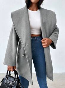 RueChic Waterfall Collar Double Breasted Overcoat - Light Grey - View 5