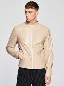 Manfinity NXTstreet Outerwear Pria Kantong Zip Tombol Depan Plain Casual - Aprikot - View 4