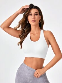 SHEIN Sports Chất rắn Áo lỗ Racer Bras thể thao - trắng - Xem 2