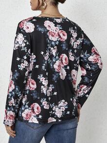 SHEIN Franclia 大碼印花鏤空蕾絲花邊落肩T恤 - 黑色 - 查看 2