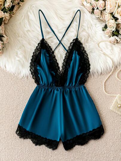SilkySpell 蕾絲拼接交叉露背緞面吊帶連體短褲