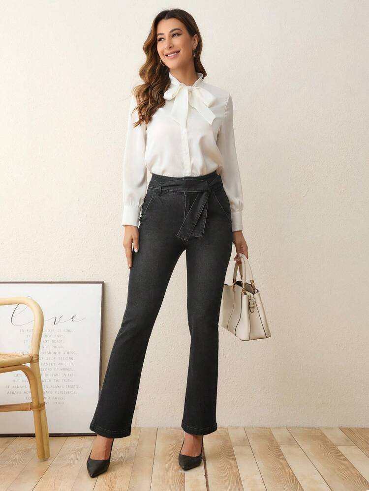 High Waist Belted Flare Leg Jeans