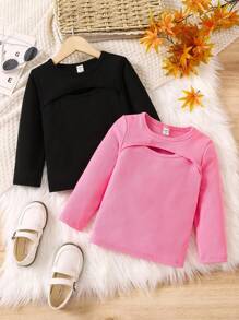 SHEIN Young Girl 2pcs Cut Out Front Tee - Black - View 1