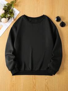 SHEIN EZwear 大碼標語圖案落肩袖運動衫 - 黑色 - 查看 2