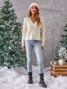 GENKIRA Solid V-Neck Raglan Sleeve Knit Pullover Fall Winter Sweater - Apricot - View 6