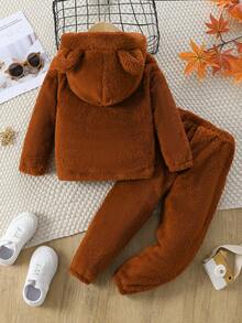 SHEIN 男小童拼接邊袋鼠口袋毛絨帽衫和褲子