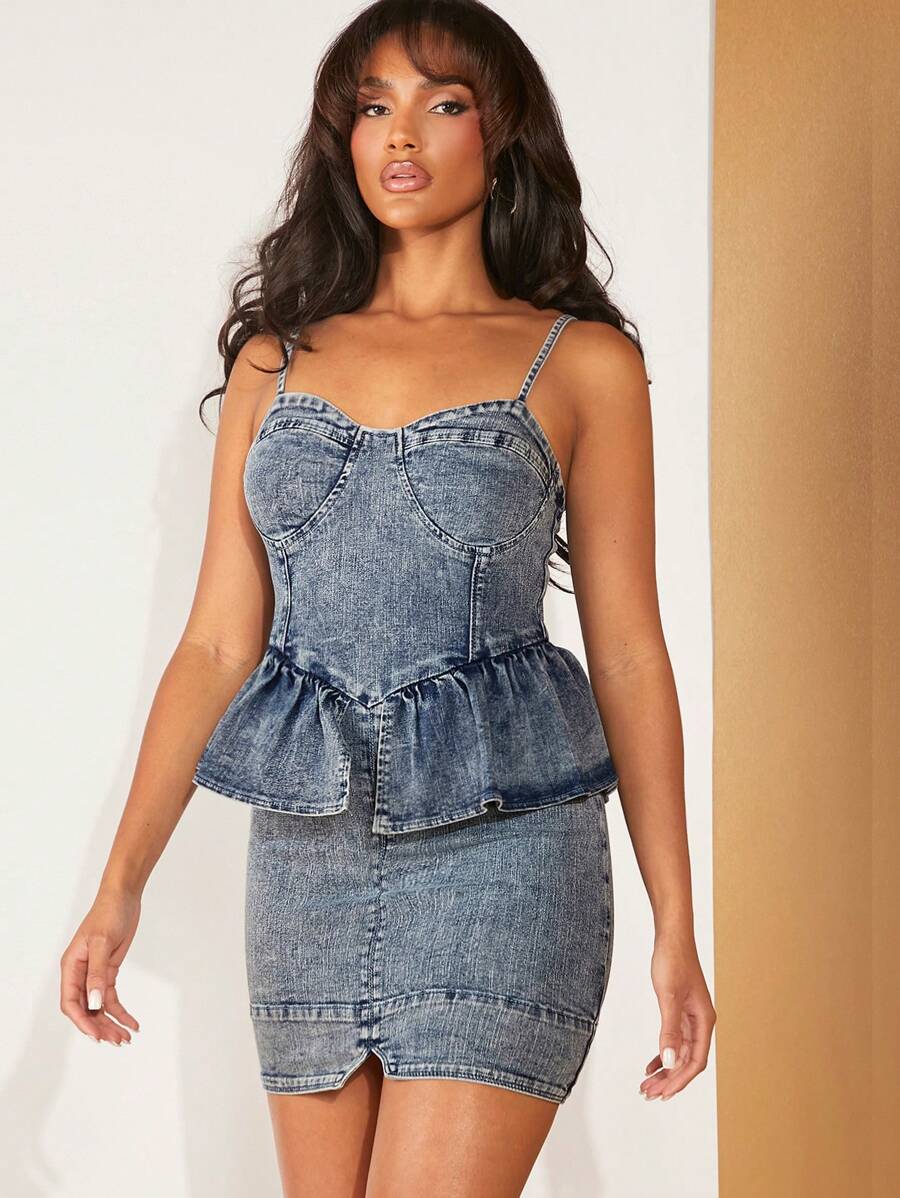 Denimoi Ruffle Peplum Bustier Bodycon Mini Cami Denim Dress - Baby Blue - View 1
