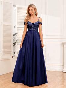 Shoulder-Baring Sequin Corset With Mesh Panels, Elegant Evening Gown Suitable For Formal Wedding Guests, Graduation Ceremonies, Galas And Other Occasions - Navy Blue - View 3