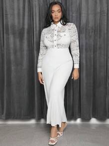 SHEIN X GiudiceGirls Talla grande Mono camisero panel con encaje con botón delantero