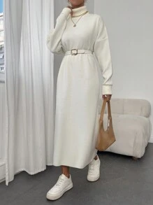 EURMUSE Turtleneck Drop Shoulder Sweater Dress Without Belt