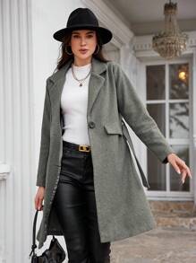 SHEIN Cottnline Lapel Neck Belted Overcoat - Grey - View 6