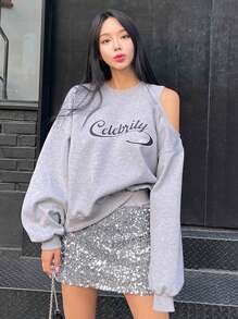 DAZY Women's Letter Printed Hollow Out Drop Shoulder Sweatshirt,Fall Clothes - Grey - View 5