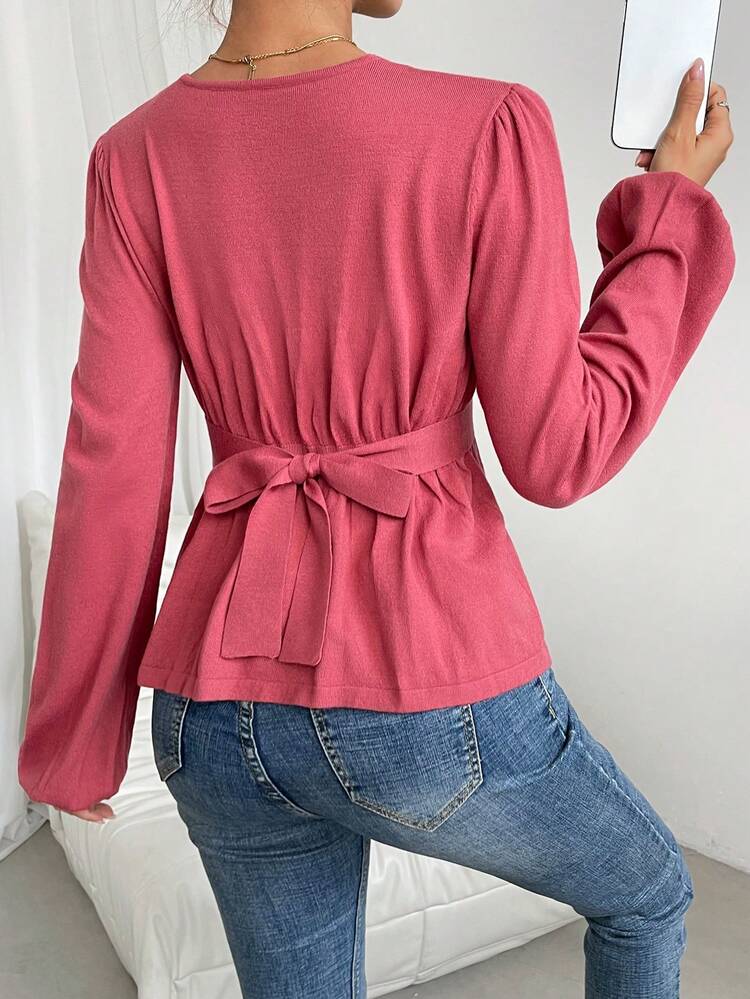 Women's Solid Color Lantern Sleeve Back Bow-Knot Knitted Sweater Fall Winter