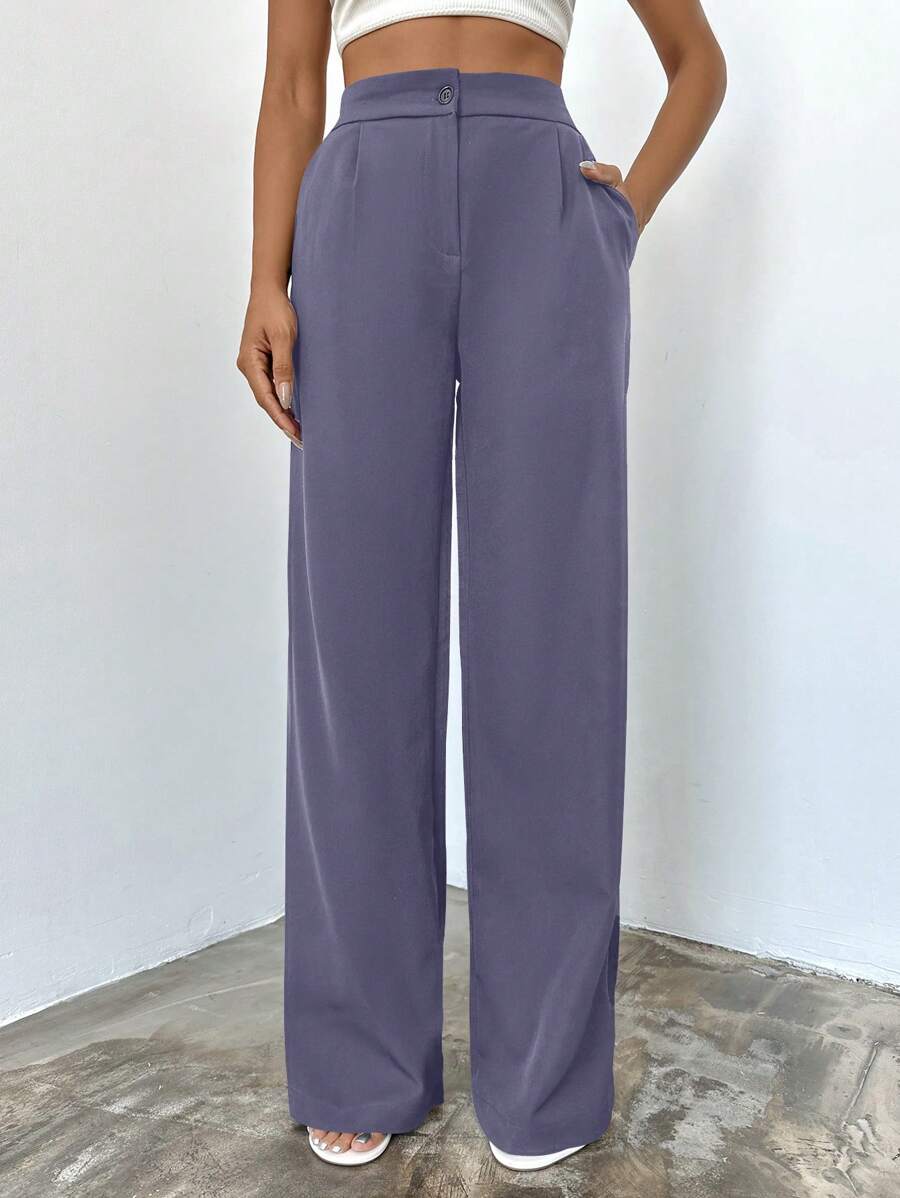 EURMUSE High Waisted Solid Color Slanted Pocket Suit Pants - Dark Grey - View 1