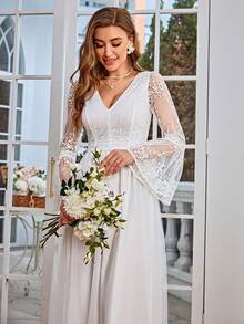 Simplee Contrast Lace Flare Sleeve Mesh Overlay Formal Dress - White - View 5