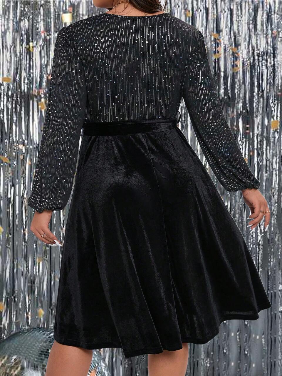Plus Surplice Neck Lantern Sleeve Belted Velvet Dress