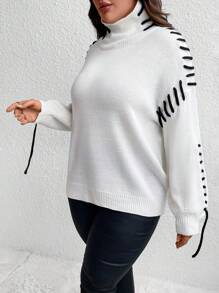 SHEIN Unity Suéter de cuello alto, hombros caídos y cordón lateral de talla grande, suéter de punto para otoño e invierno - Multicolor - Ver 7