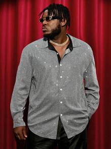 GENTILAND Loose Fit Men's Plus Size Glitter Button Front Shirt - Silver - View 3