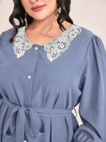 Mulvari Plus Guipure Lace Belted Shirt Dress - Blue - View 3
