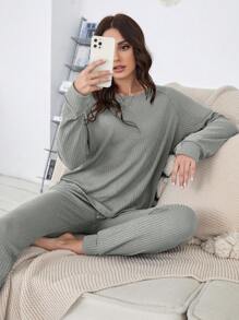 Raglan Sleeve Waffle Knit Lounge Set - Light Grey - View 1