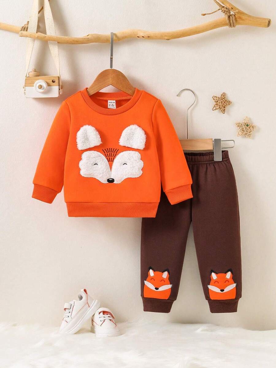 Baby Boy Fox Print 3D Ear Design Pullover & Fox Print Sweatpants - Orange - View 1