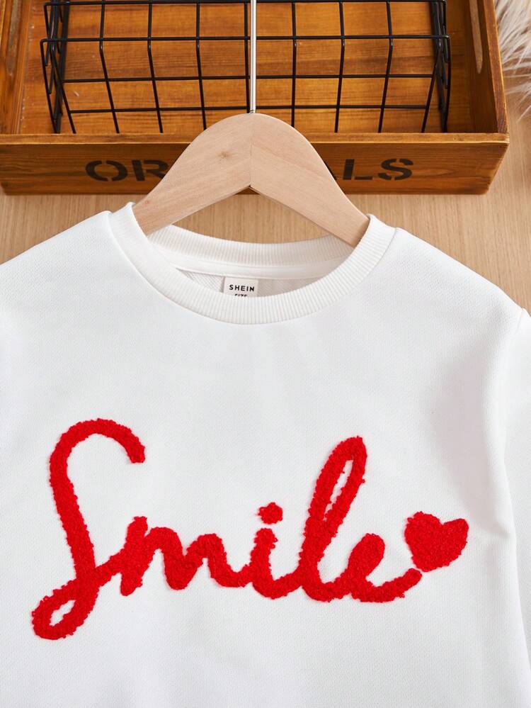 Tween Girls' Knitted Letter Embroidery Sweatshirt And Flared Pants Set With Heart Pattern