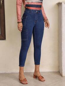 SHEIN PETITE Túi vá Bên Quần jean ôm - Rửa tối - Xem 4