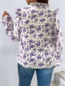 SHEIN Franclia 大碼滿版印花繫帶領荷葉邊荷葉袖襯衫 - 白色 - 查看 2