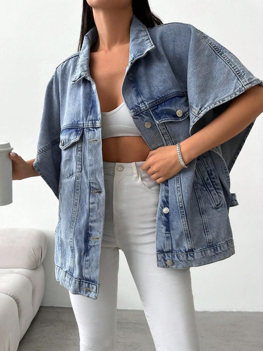Cottnline Loose Fit Casual Half Sleeve Denim Jacket - Baby Blue - View 1