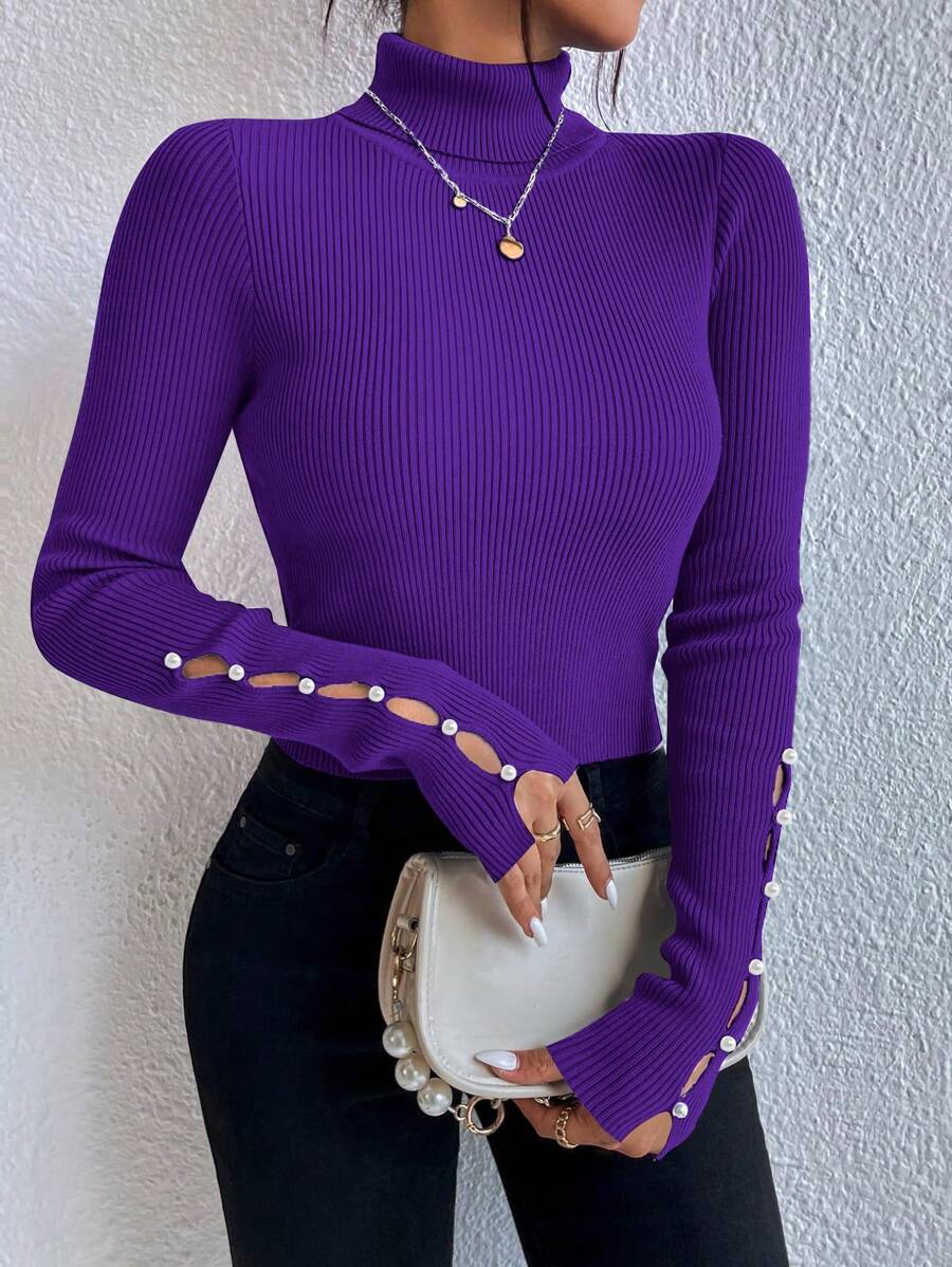 Chiquease 高领纽扣细节罗纹针织毛衣，长袖上衣 - 紫色 - 查看 1
