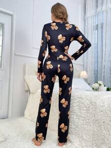 Bear Print Lettuce Trim Button Front Sleep Jumpsuit, Cozy And Elegant Details, Fall & Winter - Black - View 2