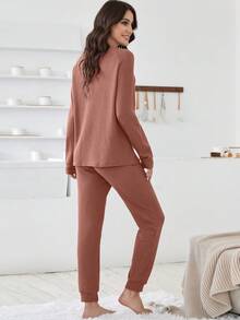 插肩袖華夫格編織休閒服套裝 - 紅木色 - 查看 2