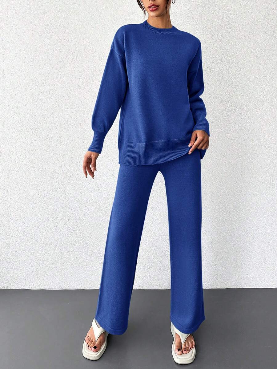 SHEIN Cottnline Women's Solid Color Round Neck Drop Shoulder Sweater And Straight Leg Pants Set - Royal Blue - View 1