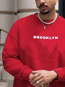 Men Letter Graphic Drop Shoulder Sweatshirt - Red - View 4