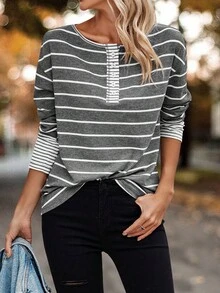 SHEIN LUNE In sọc Nút phía trước Áo thun Thả vai - Xám - Xem 5