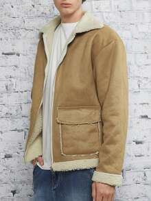 Manfinity RebelGame 宽松版型男式翻盖口袋落肩泰迪内衬夹克 - 棕色 - 查看 5