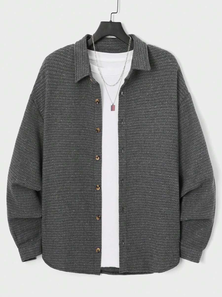 RueChic Men Solid Button Front Shirt Without Tee - 深灰色 - 查看 1