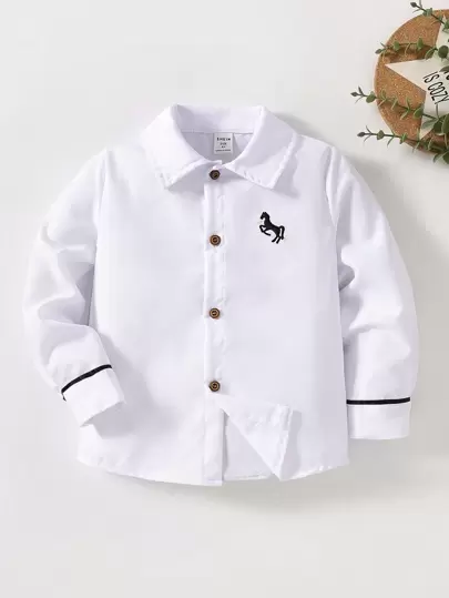 SHEIN 1 件小男孩纯色刺绣马领长袖休闲衬衫，百搭，适合春秋季、派对、日常、学校、度假、假期、旅行、放松、日光浴、夏季
