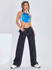 SHEIN ICON Solid Wide Leg Jeans - Black - View 4