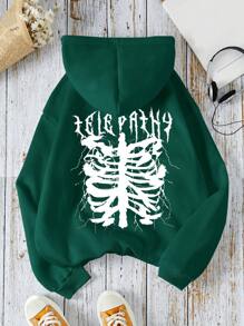SHEIN EZwear Plus Size Skeleton Print Kangaroo Pocket Drawstring Thermal Sweatshirt - Dark Green - View 1