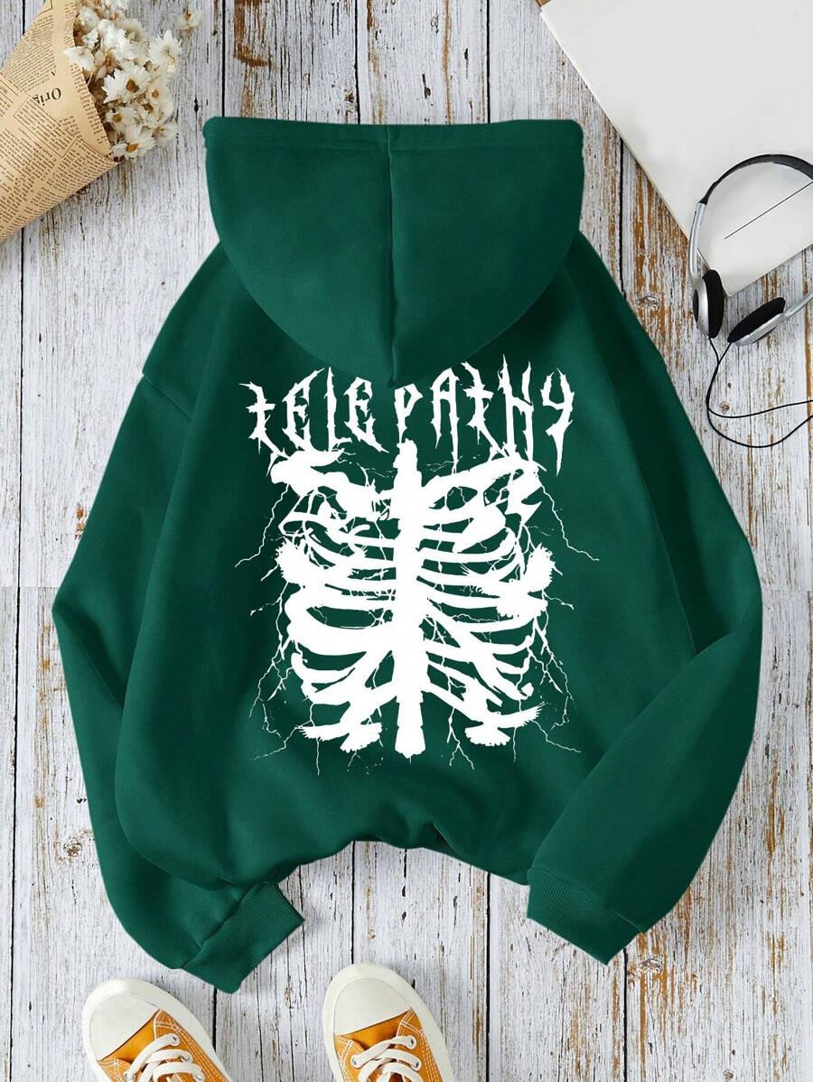SHEIN EZwear Plus Size Skeleton Print Kangaroo Pocket Drawstring Thermal Sweatshirt - Dark Green - View 1