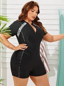 Swim SPRTY 豹紋加大號拉鍊連身泳衣 - 黑與白 - 查看 4