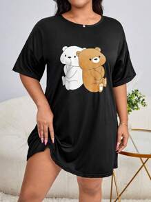 大碼小熊印花落肩袖睡裙 - 黑色 - 查看 4