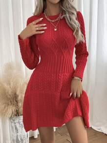 SHEIN LUNE 麻花編織毛衣洋裝不附腰帶 - 紅色 - 查看 7