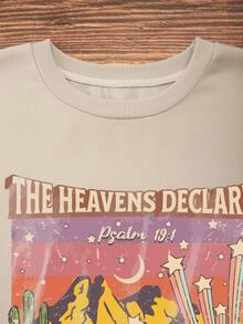 SHEIN EZwear Hơn Đồ họa núi & chữ Thả vai Áo nỉ - Màu be - Xem 4